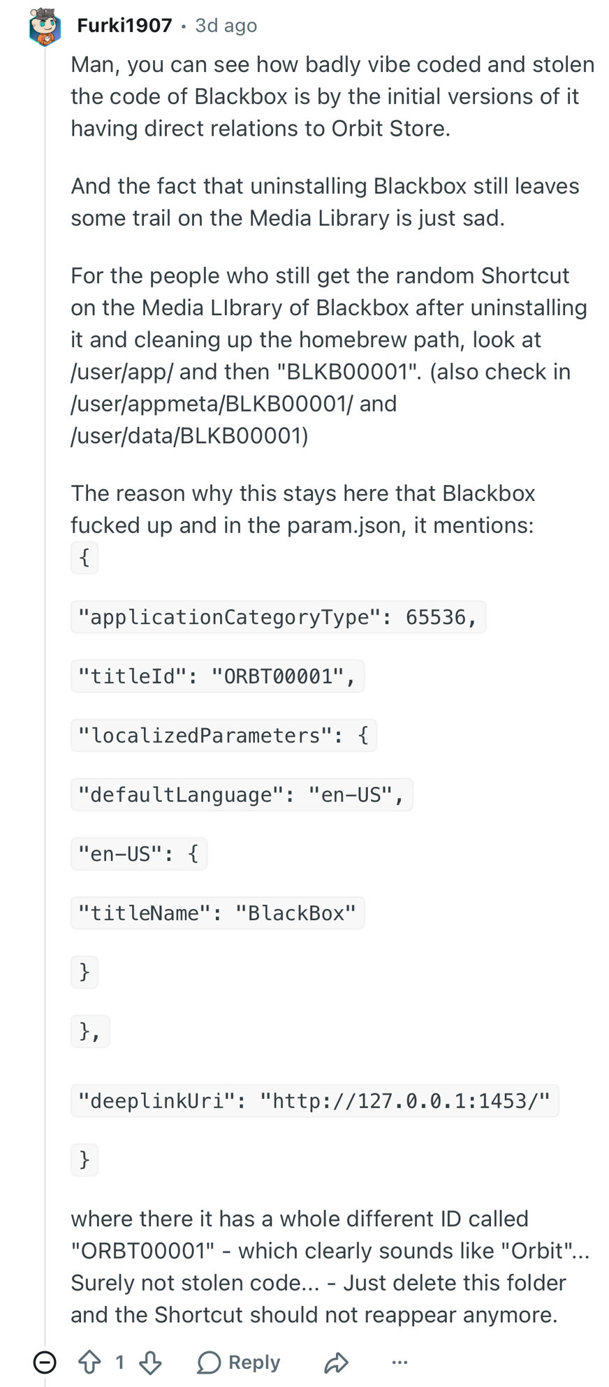 Reddit comment by Furki1907: BlackBox's early versions wrote a param.json with Orbit's app ID ORBT00001 next to the title BlackBox, which left a shortcut behind after uninstalling; it explains how to delete the leftover BLKB00001 folders.